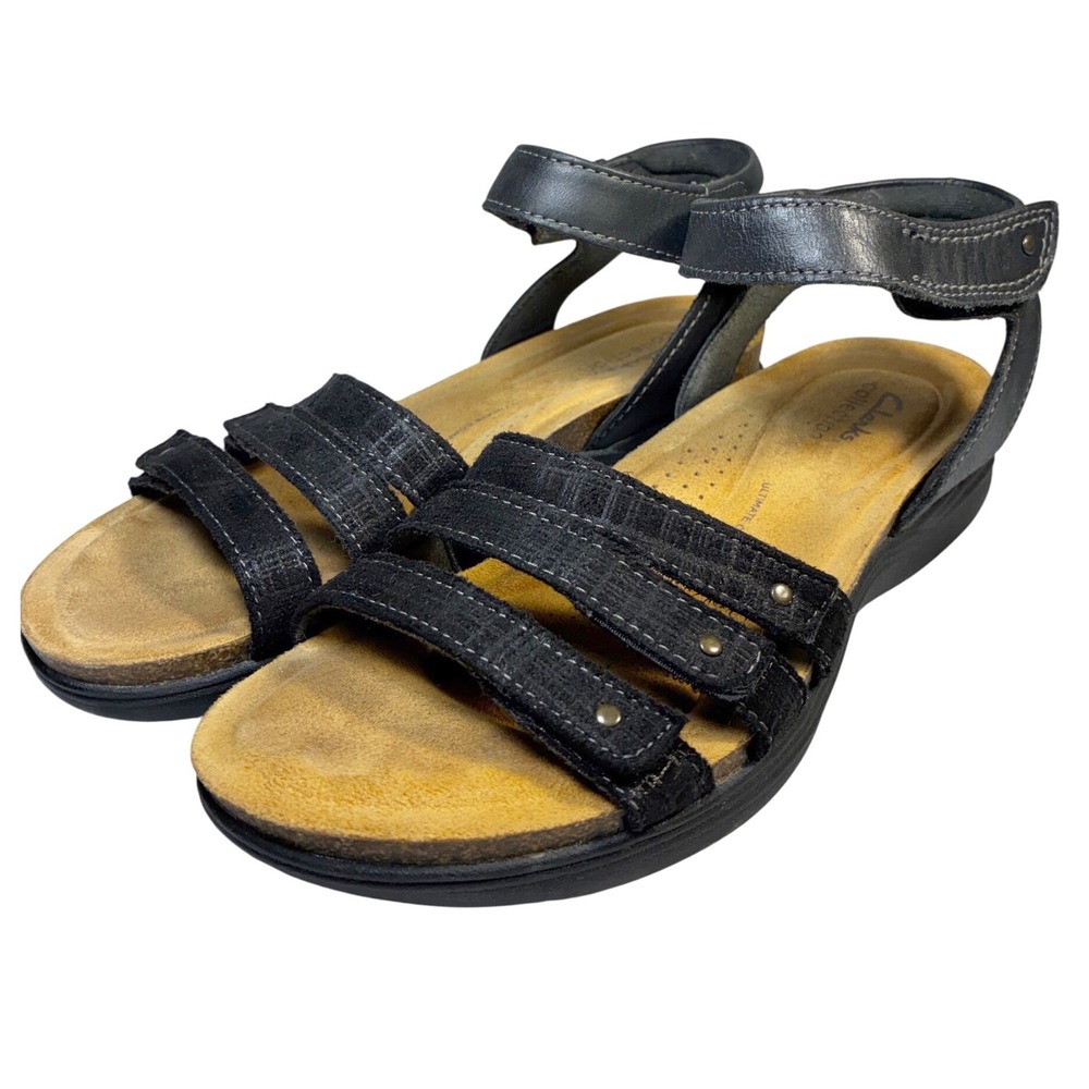 Clarks April Dove Black Studded adjustable Strap Comfort‎ Sandal Sz 8M